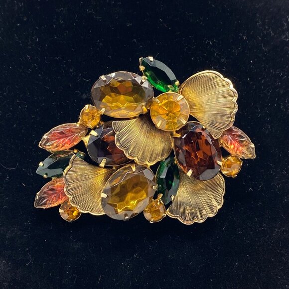 Juliana D&E Fall Watermelon Rhinestone Brooch Scalloped Lea Earrings Set - Picture 2 of 13